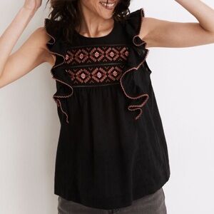 Madewell Black and Pink‎ Embroidered Ruffled Blouse